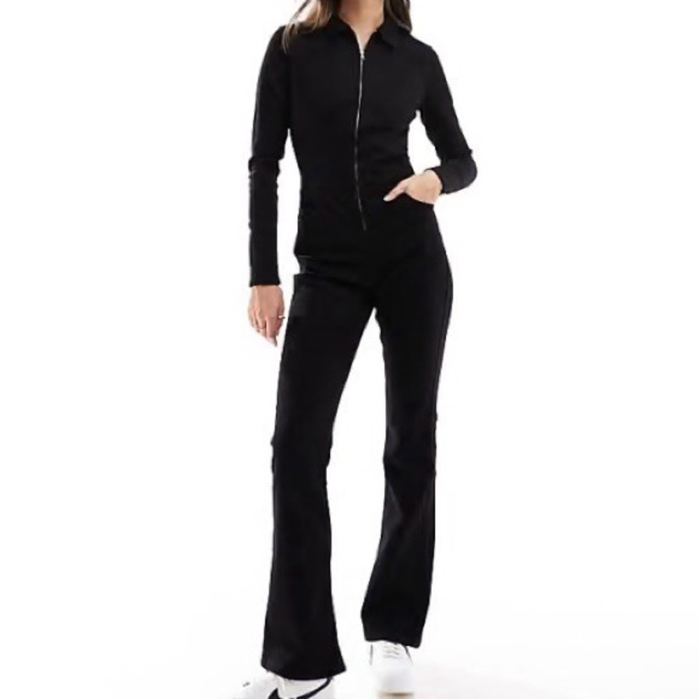 Bershka Midnight Black Zip Front Flared Denim Jumpsuit, M